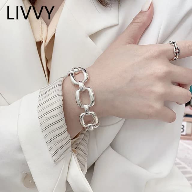 LIVVY Silver Color Minimalist Trend Hip Hop Vintage Thick Chain Creative Hollow Geometric Bracelets for Women Party Jewelry