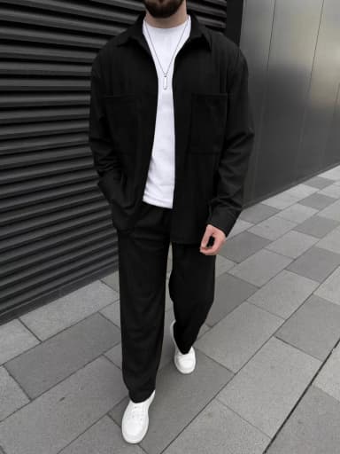 Men's corduroy two-piece outfit: long-sleeved button-down shirt and wide-leg trousers set, fashionable casual street sportswear.