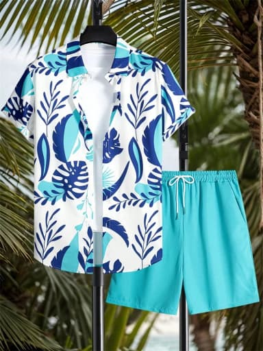 Men's Short-sleeved Shirt Set Artistic And Simple Style Plant Print Solid-color Shorts Casual Fashionable And Daily