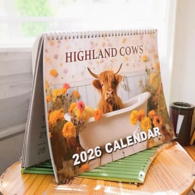 2026 Highland Cow Calendar Wall Hanging Desktop Farm Decor with Stand Scottish Cattle Theme 12 Months Jan to Dec