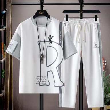 Summer Fashion Trendy Printed Short Sleeve T-Shirt Sports Set Men's Casual Loose Breathable High Quality Plus Size Two-Piece Set