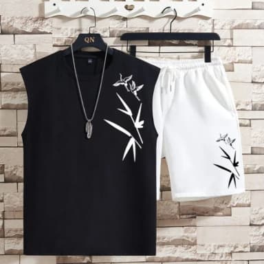 Men Summer Chinese Style Sleeveless Vest Set Niche Design National Trend Casual Two Piece T Shirt Tank Top Outfit