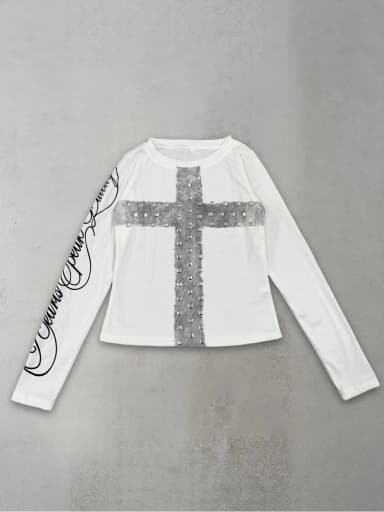 2026 new autumn rivet cross letter print long sleeved round neck top Gothic punk subculture street trend versatile niche daily