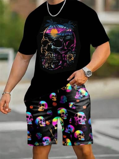 2026 Summer New Men's Short-Sleeved Shorts Set with 3D Pattern Printing - Street Casual Fashion Comfortable and Soft