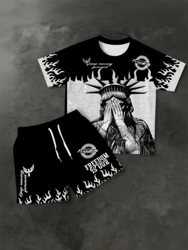 American men's summer fashion Statue of Liberty print comfortable and breathable round neck T-shirt drawstring shorts set
