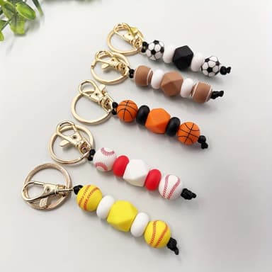 LOFCA Basketball Football Silicone Beaded Keychain Handmade Wood Beads Keychain Charm Backpack  Pendant  Accessories Keyring