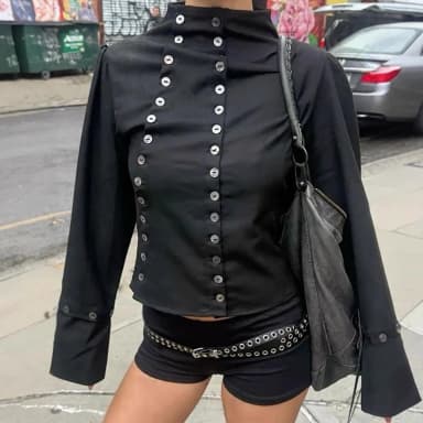 Personalized fashion street trend solid color high neck loose and versatile long sleeved double breasted comfortable top