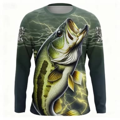 Fashionable Bass Pattern Crew Neck Long Sleeve T-Shirt Trendy Print Casual Top for Men and Women