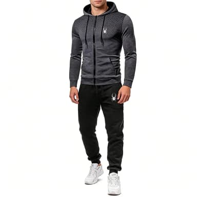 Spring Autumn Men's Casual Tracksuit, Printed Hooded Zipper Jacket + Pants 2 Piece Set, Fashion Sportswear Outfit for Streetwear