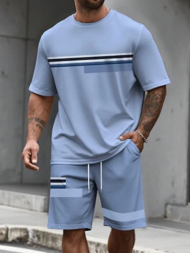 2026 Summer New Men's Short-Sleeved Shorts Set with 3D Stripes Pattern Print - Street Casual Fashion Comfortable and Soft