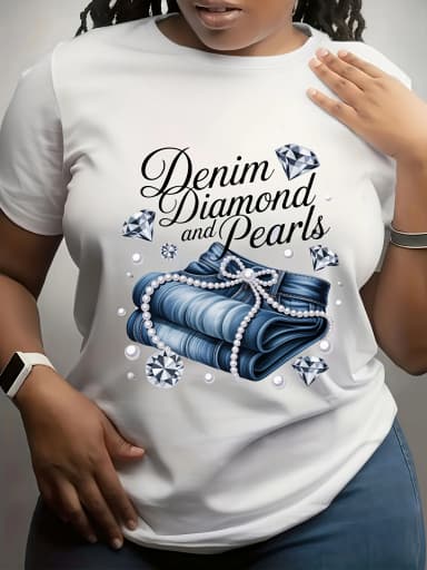 A fashionable and trendy denim diamond-shaped pearl printed T-shirt for women, a light and thin workplace top