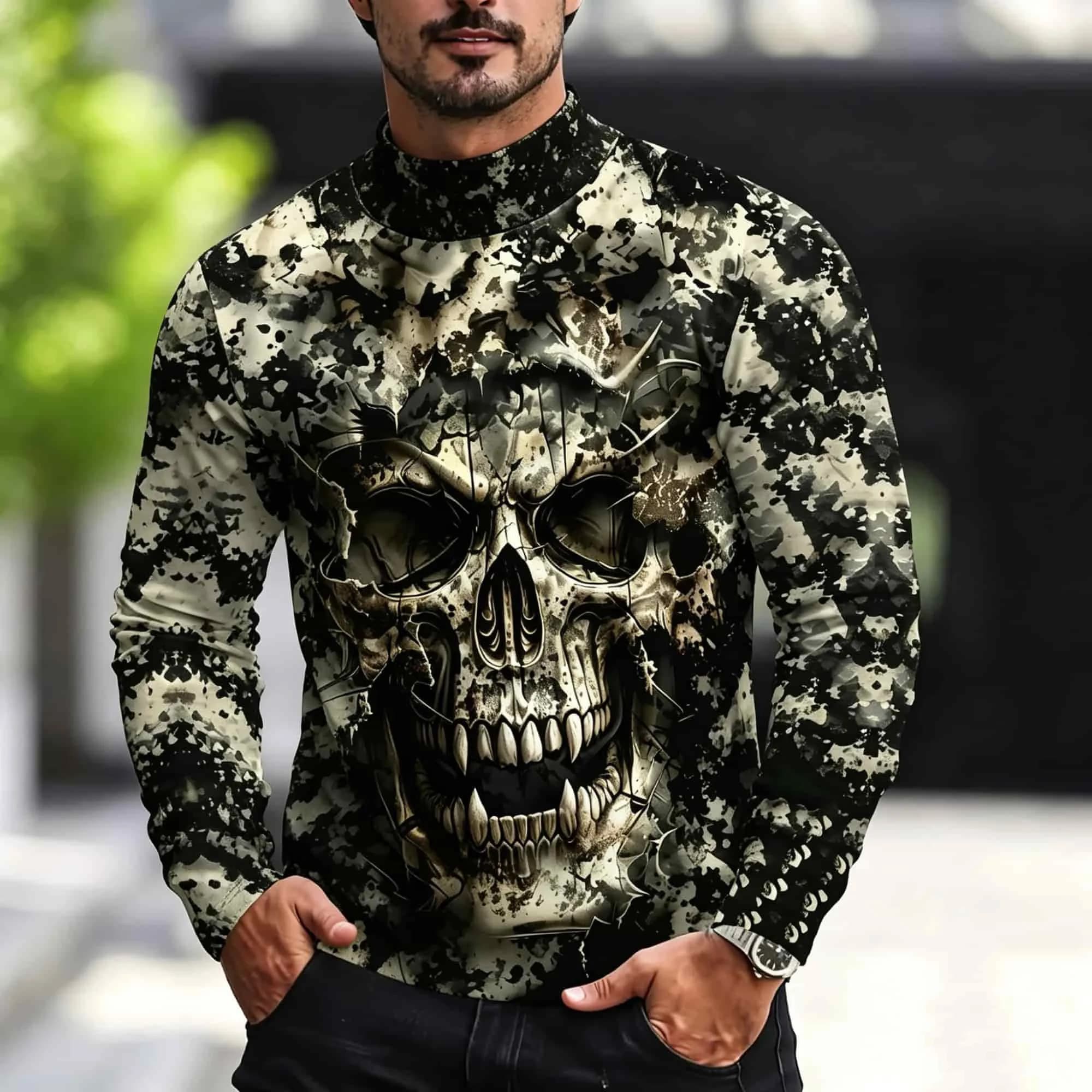 Men's Mock Neck Long Sleeve T‑Shirt Retro Skull Camo