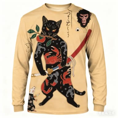 Spring and Autumn Casual O-neck Loose Long Sleeve Tops Japanese Samurai Cat Print Men's T-Shirts Hip Hop Trend Tees y2k Clothes