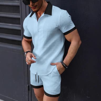 Matching Sets Trend Men Suit  Linen Short Sleeve JacquardShirt And Shorts 2-piece Set Hawaii Beach Men Casual Set 2 piece set