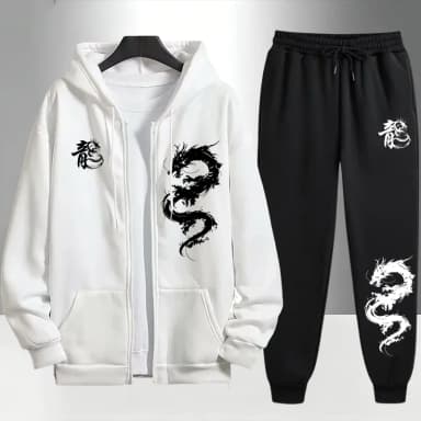 Chinese Dragon Print Tracksuit for Men Zipper Hooded Sweatshirt and Black Sweatpants Urban Causal Fashion Hoodies Outerwear Sets