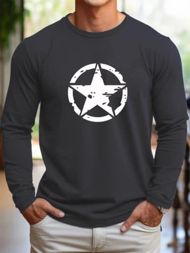 2026 New 3D Pentagram Print T-shirt Spring  Autumn Casual O-neck Long Sleeve Tee Tops Trend Streetwear Simple Style Men Clothing