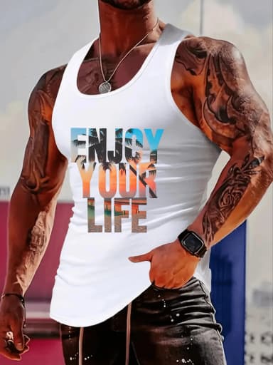 Fashionable trend muscular man. Simple and creative. Enjoy your life. Colorful printed tank top.