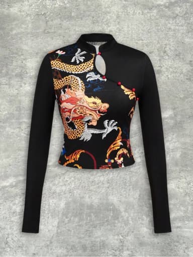 2026 New Chinese Y2K Dragon Pattern Printed Cheongsam Collar Long Sleeve Top Fashionable Street Trend Personalized Spicy Girl