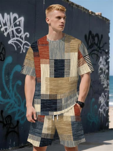 2026 Summer New Men's Short-Sleeved Set with 3D Patterned Print for Street Casual Fashion Comfortable and Soft