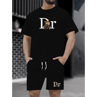 Hot selling summer new men's casual sports suit fashionable teddy bear printed T-shirt shorts 2-piece set summer men's clothing