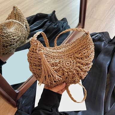 TEMU Bolsa de Ombro Semicircular Fashion, Entrançada , Ideal para a Praia