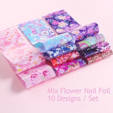 TEMU 10 Sheets Floral Nail Foil Transfer Stickers - Romantic Flower Designs, Starry Sky Effect, Decals For Stunning Nail Art, Mixed Colors & Patterns