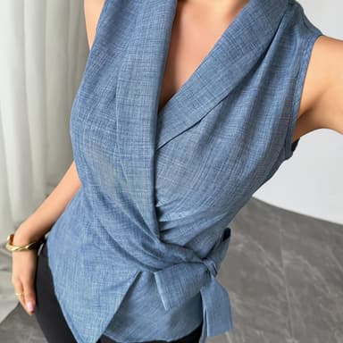 TEMU Directional Women's Tie-front Sleeveless Shawl Collar Shirt, Casual Vacation Top