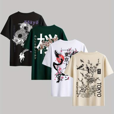 TEMU Conjunto de 4 camisetas de manga corta con cuello redondo y estampado de la serie para hombre, una casual y cómoda ideal para usar al aire libre