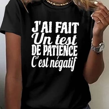 TEMU Women's ' A Of It's Negative' T-shirt- Casual Short Sleeve Round Neck With French Humor Print, Suitable Spring And Summer, Casual Wear Humorous