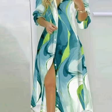 TEMU Vestido Maxi de /Outono com Estampa e Botões Frontais