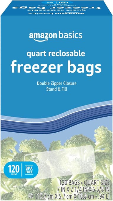 Amazon Basics Reclosable Freezer Quart Bags – 120 Count