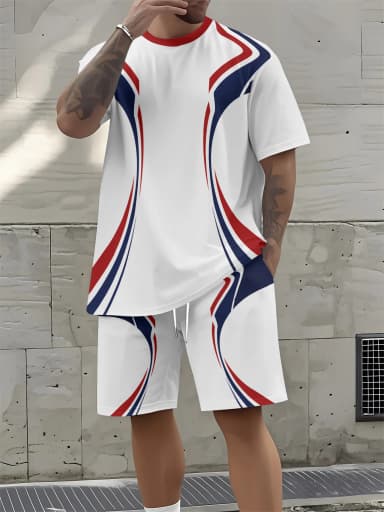 2026 Summer New Men's Short-Sleeved Set with 3D Stripes Pattern Print for Street Casual Fashion with Breathable Design